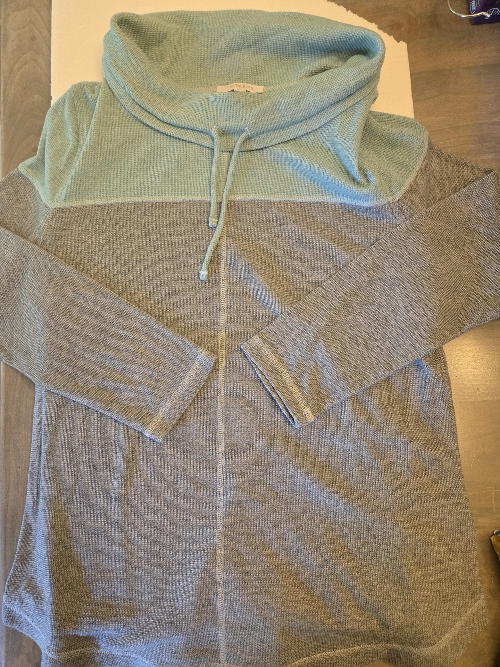 Talbots Two-Tone Cowl Neck Sweater in Teal and Gray